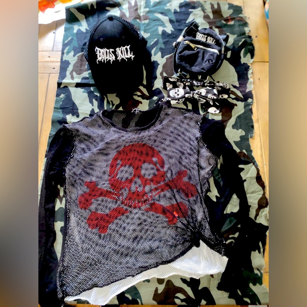 Dolls Kill Bundle Hat & Mini Backpack w/Distressed Mesh Skull Top M/L & Headband